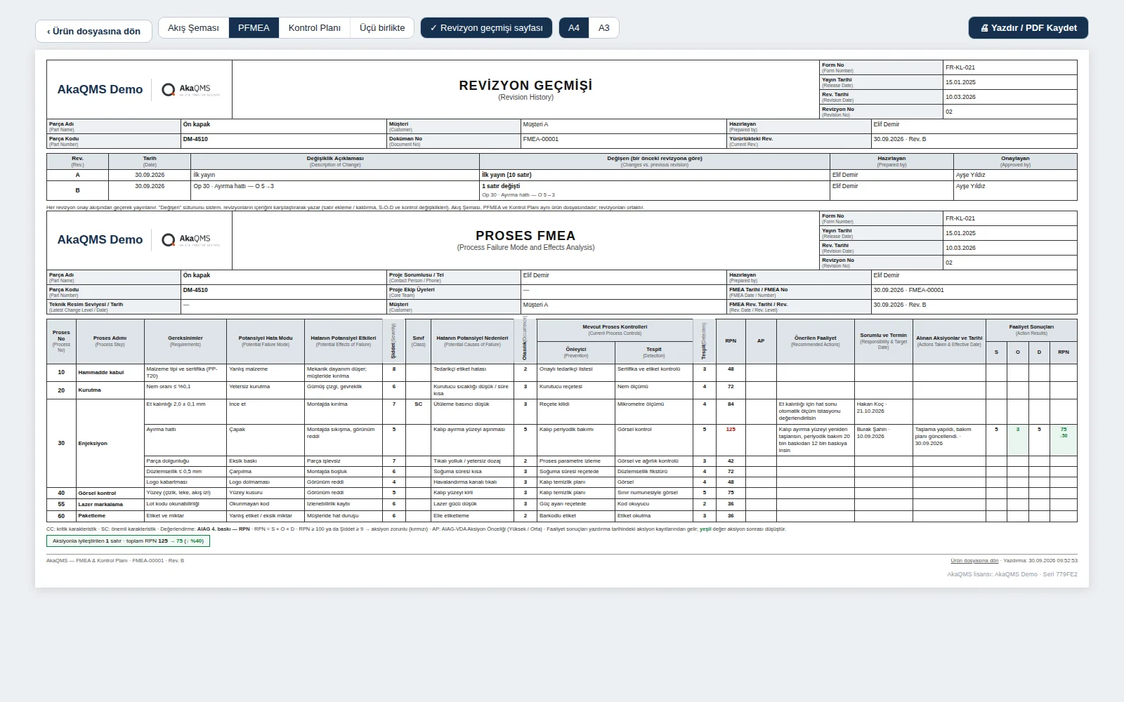 PFMEA çıktısı: revizyon geçmişi sayfası ve Proses FMEA formu
